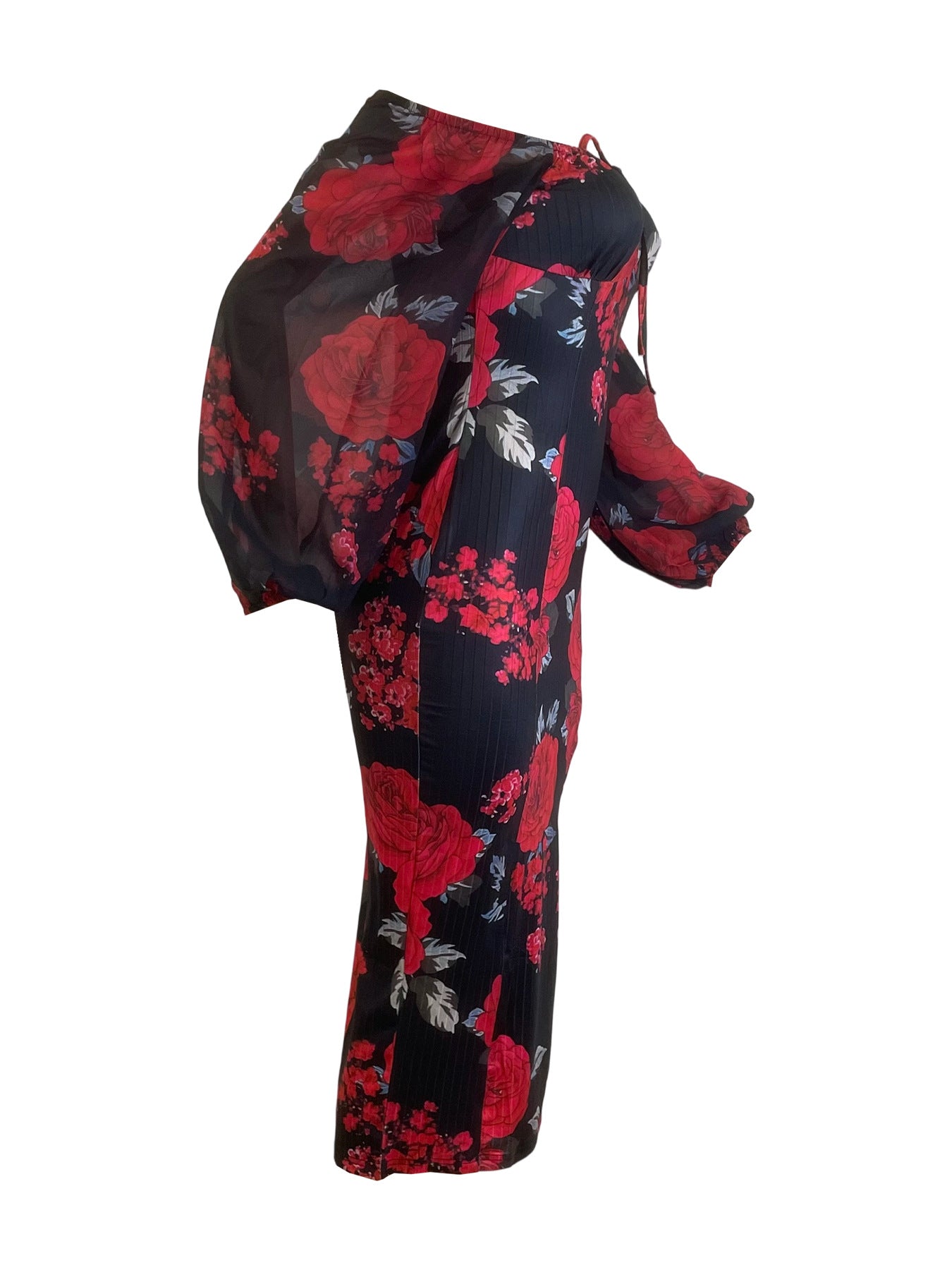 Floral Off Shoulder Slim Fit Dress With Tea Length Hem | noémi