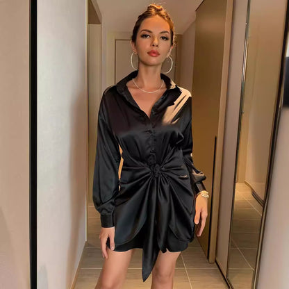 Womens Long Sleeve Button Up Tie Waist Dress | Black, Lightweight | noémi