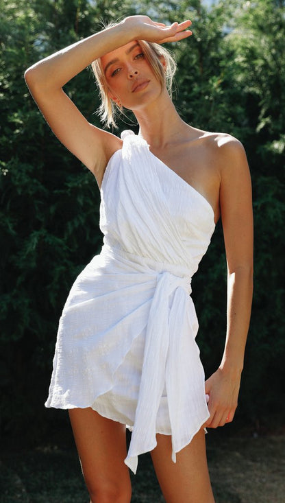 White One Shoulder Mini Dress | Asymmetrical Summer Wrap Dress | noémi