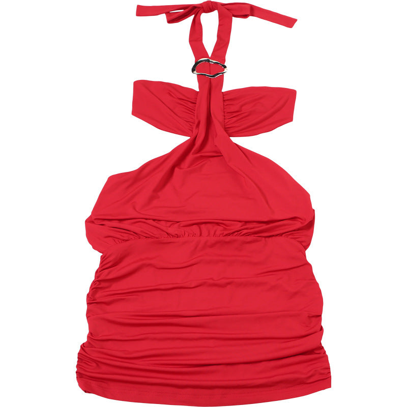 Women Halter Sheath Dress | Backless Lace Up Slim Fit with Pleated Detail | noémi