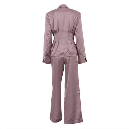 Satin Two Piece Set for Women | Pleated Waist Blazer & Wide Leg Pants | noémi