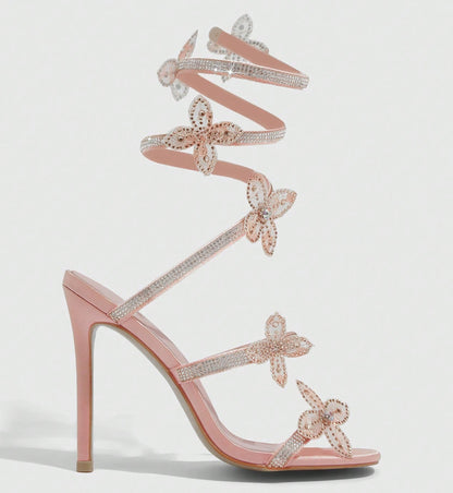 Rhinestone Floral Lace Up Heels | 11cm Stiletto | White & Pink Square Toe Sandals for Women | noémi