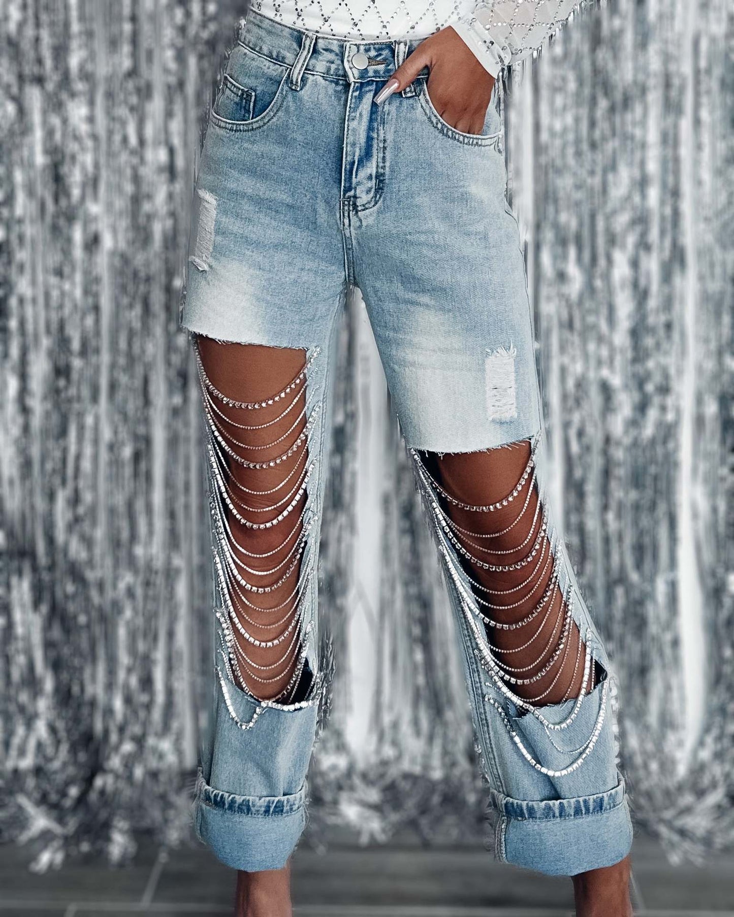 Ripped Straight Leg Jeans | Chain Detail | High Waisted Distressed Denim | noémi