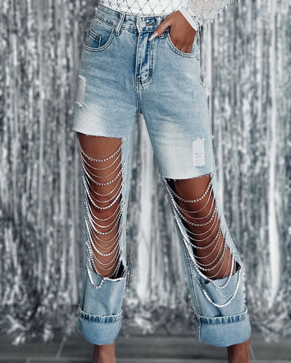 Ripped Straight Leg Jeans | Chain Detail | High Waisted Distressed Denim | noémi