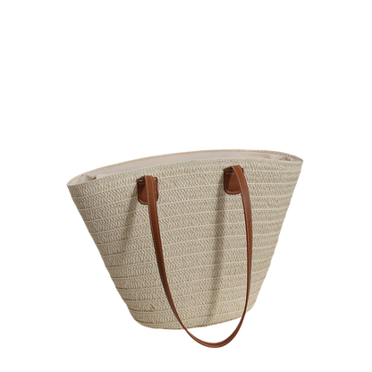 Large-Capacity Straw Shoulder Tote Bag – Hand-Woven Brown, Beach Ready | noémi
