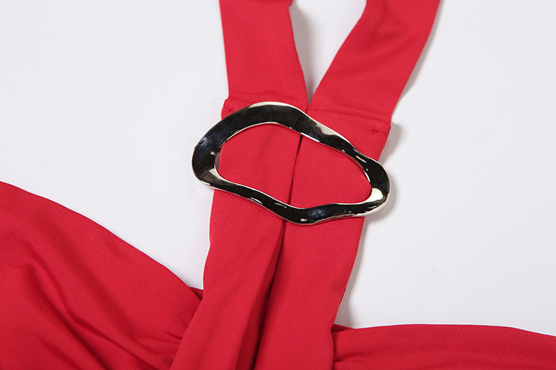 Women Halter Sheath Dress | Backless Lace Up Slim Fit with Pleated Detail | noémi