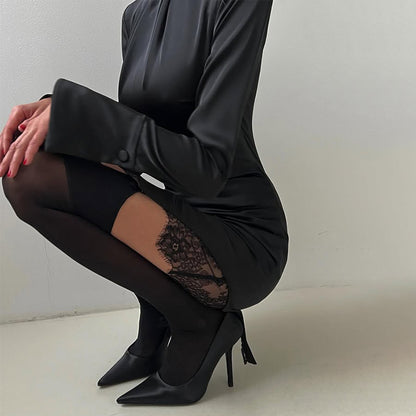 Satin Lace Stitch Dress | Slim Fit Long Sleeve Gown | noémi