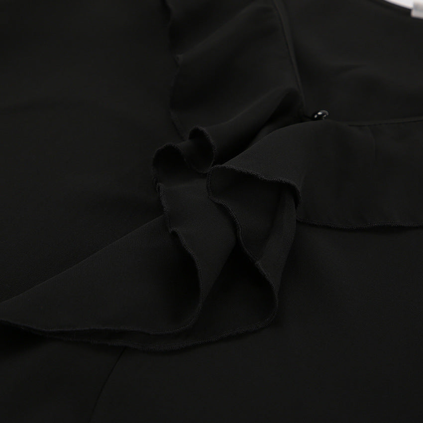 Black V Neck Chiffon Blouse for Women | Sheer Long Sleeve with Ruffle Detail | noémi