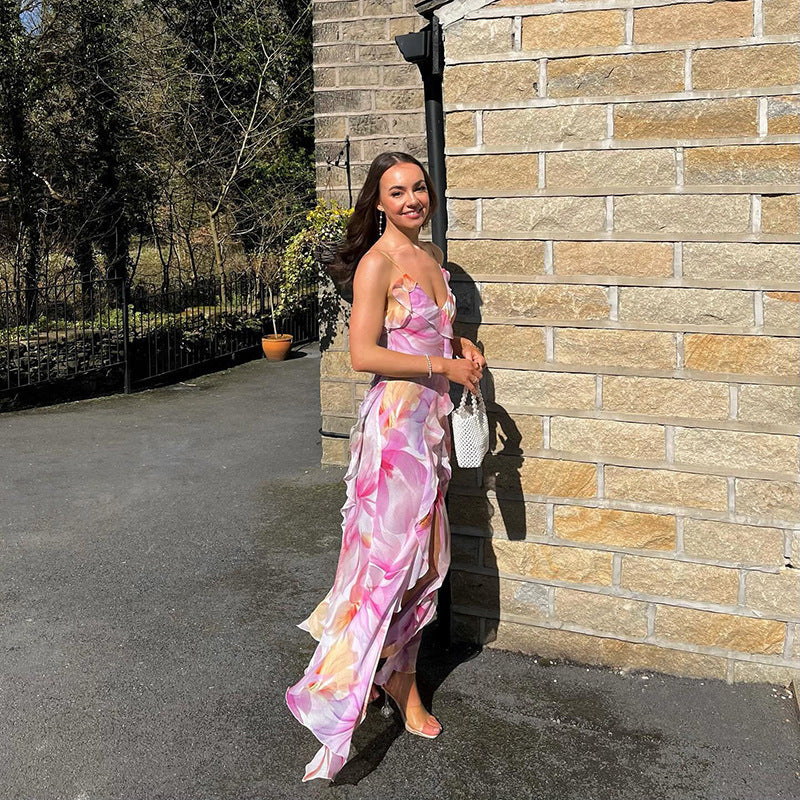 Womens V Neck Printed Sheath Dress with Backless Design and Strap Detail | noémi