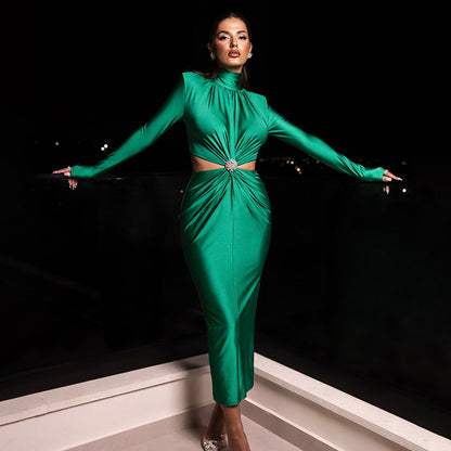 Womens Dress | Half High Collar Long Sleeves Backless Pleated Stitching | noémi