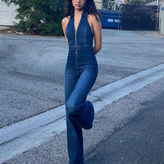 Women’s Sleeveless Denim Jumpsuit | Slim Fit, Zipper Front, High Waist, Flared Leg, Retro 70s VNeck One Piece | noémi