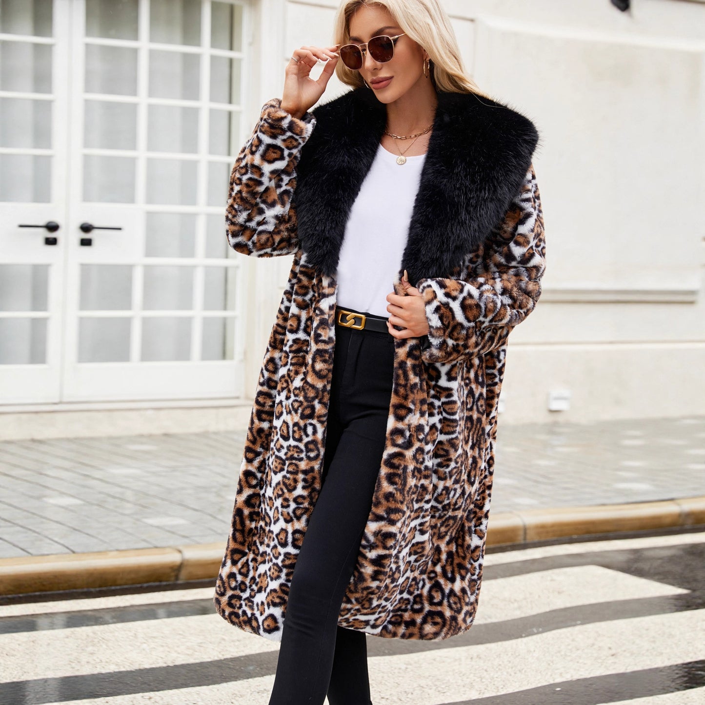 Womens Faux Fur Leopard Coat | Longline Winter Jacket with Oversized Collar | noémi