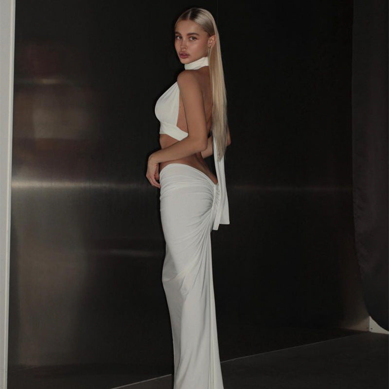 Womens White Two Piece Set | Halter Crop Top Low Waist Maxi Skirt V Neck | noémi