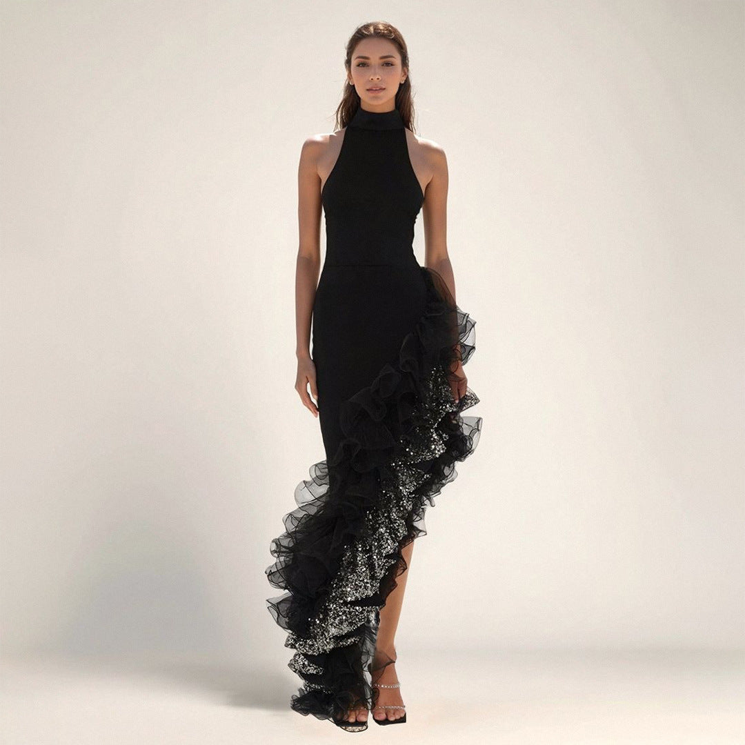 Womens Black Ruffled Mesh Dress | noémi