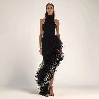 Womens Black Ruffled Mesh Dress | noémi
