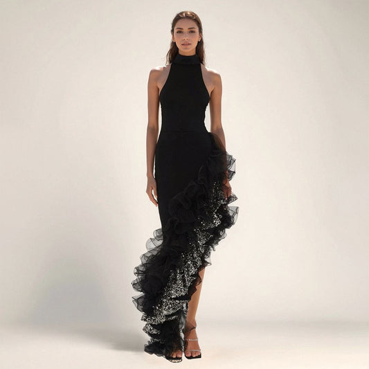 Womens Black Ruffled Mesh Dress | noémi