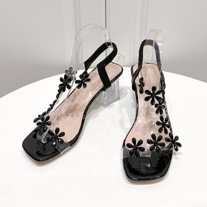 Square Toe Floral Crystal Heel Sandals | High Heels with Elastic Band | noémi