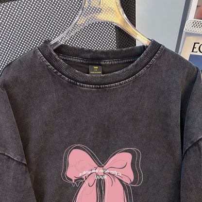 Fleece Lined Bow Sweater | Washed Black, Thickened Loose Fit | noémi