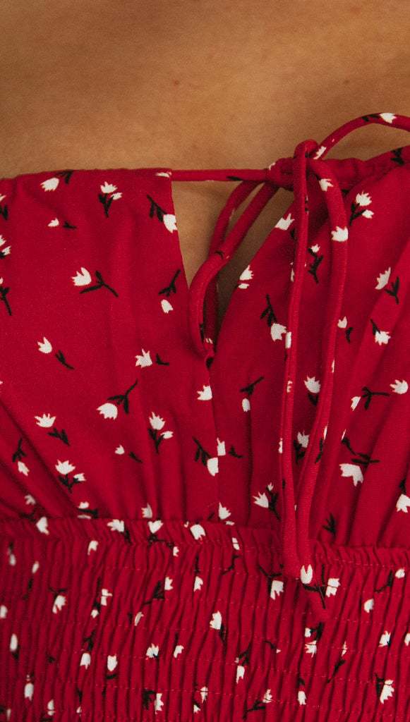 Red Floral Smocked Mini Dress | Lace Up Back, Slim Fit, Adjustable Straps | noémi