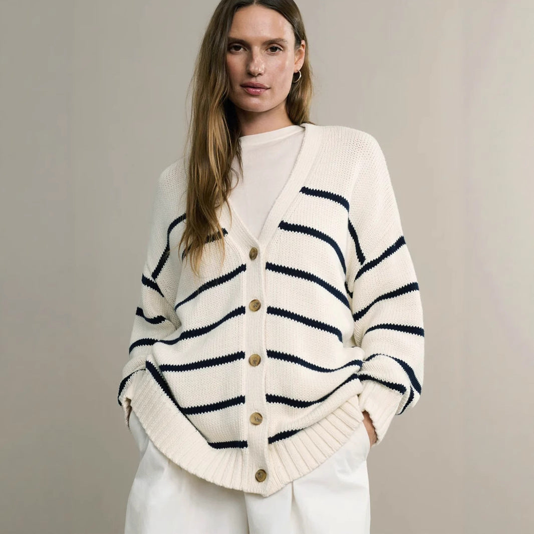 Striped Knit Cardigan for Women | Cozy V Neck Button Up Sweater | Cotton | noémi