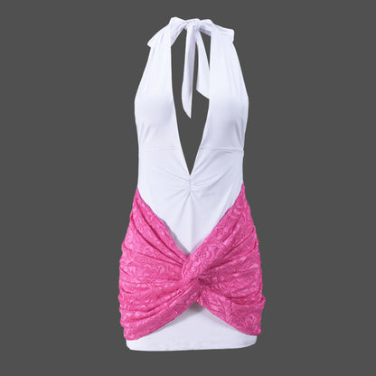 V Neck Backless Dress with Contrast Stitching and Strap Detail | noémi