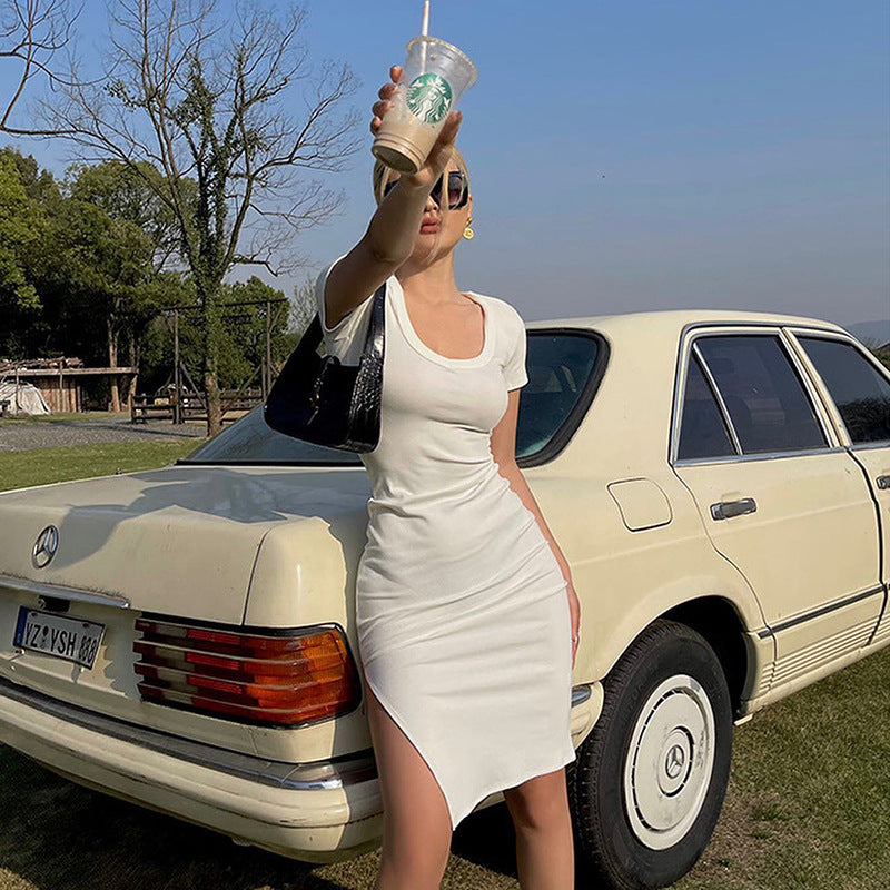 Womens Round Neck Short Sleeve Slim Fit Hip Split Dress | noémi