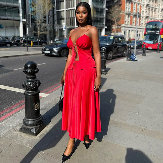 Womens Red 2 Piece Set | Strapless Corset Top & High Waist Skirt | Bandage Set | noémi