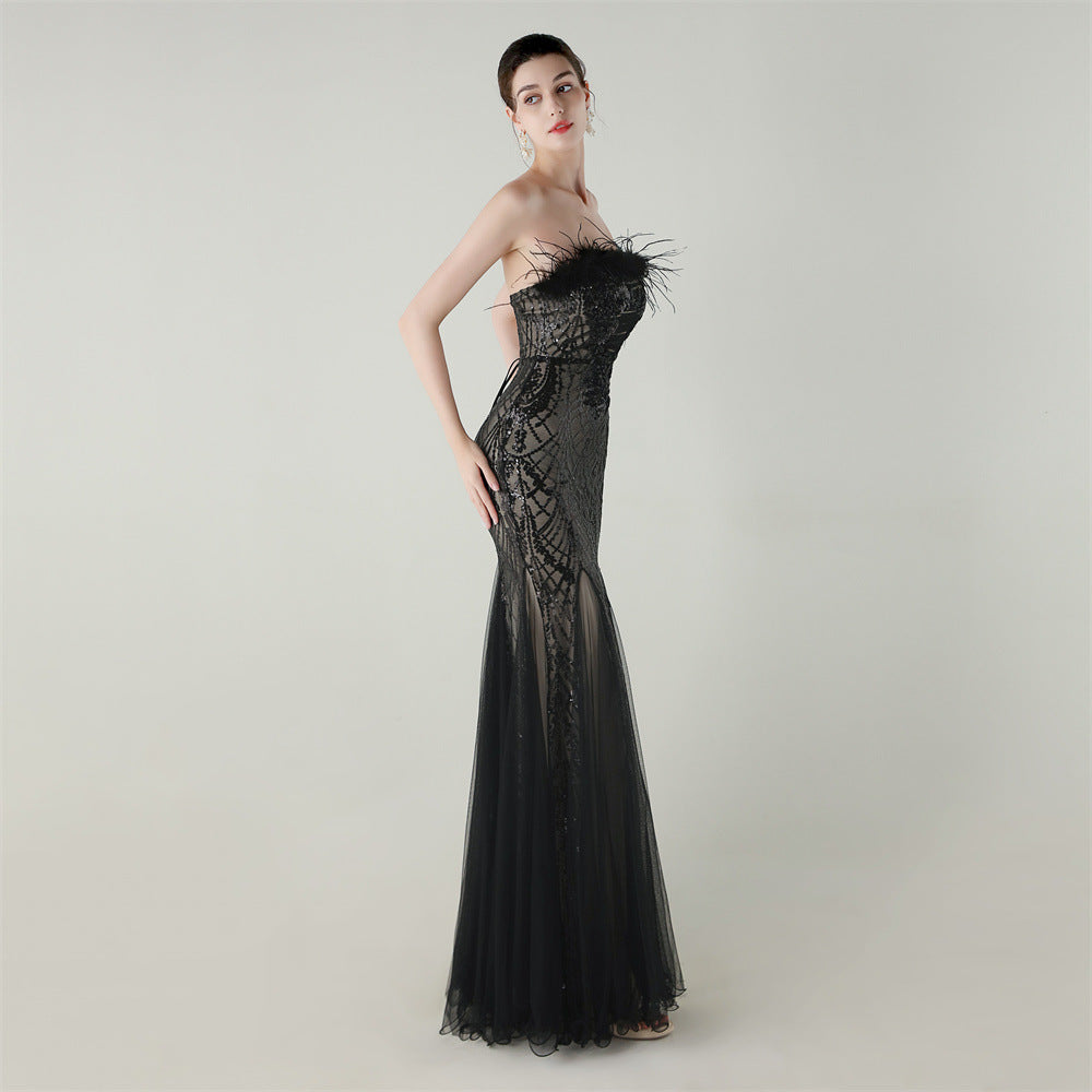 Sequin Beaded Floral Feather Gown | Mesh Fishtail Strapless Cross Back | noémi