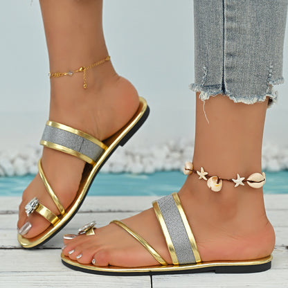 Women's Flat Sandals | Rhinestone Toe Ring & Metallic Strap | noémi