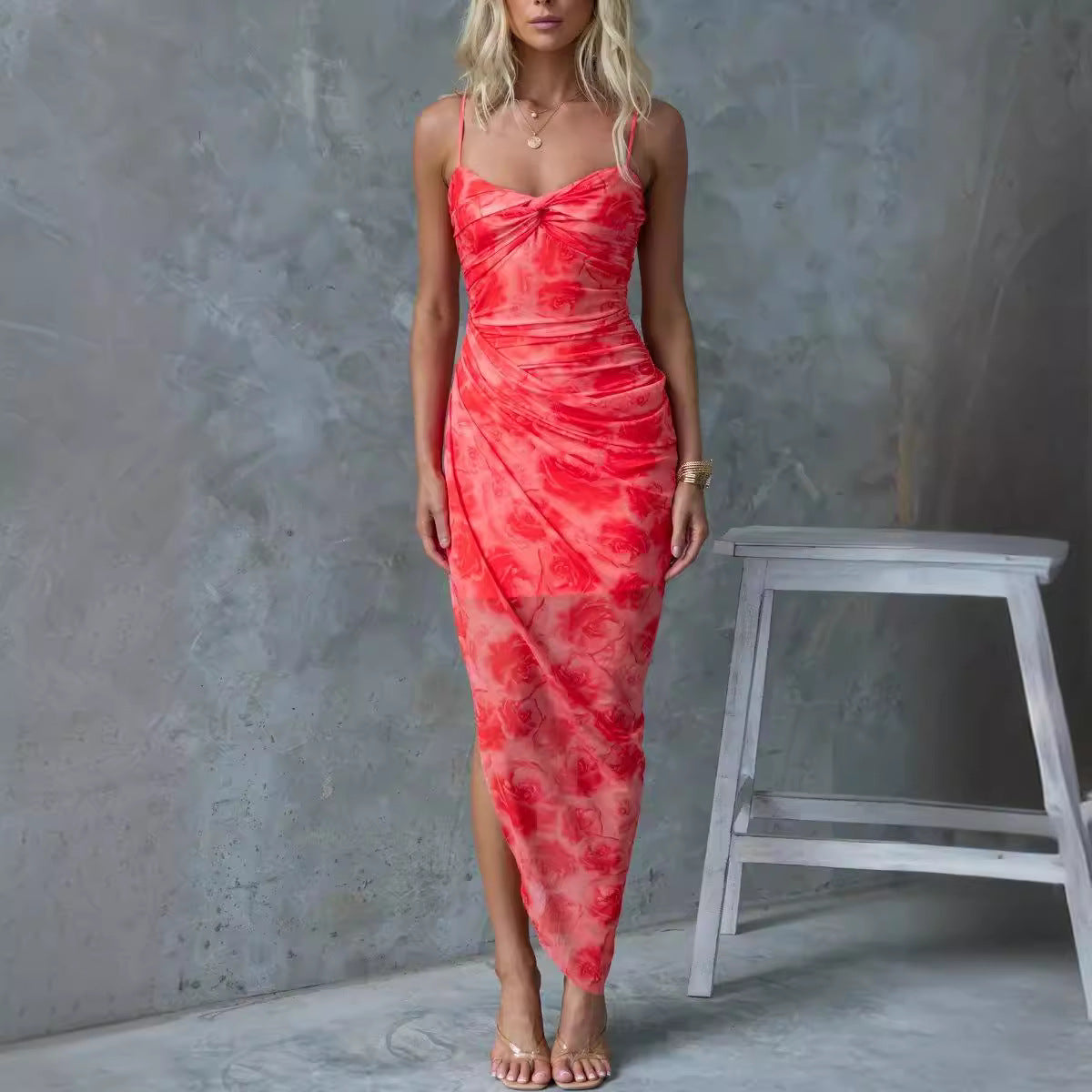 Suspender Dress with Floral Print & Side Slit | noémi