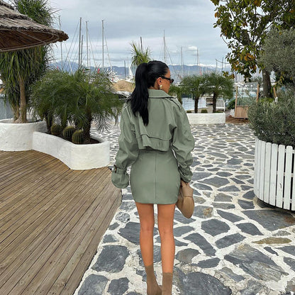 Womens Cropped Trench Coat Set | Chic Button Up Jacket & Mini Skirt Co ord | noémi