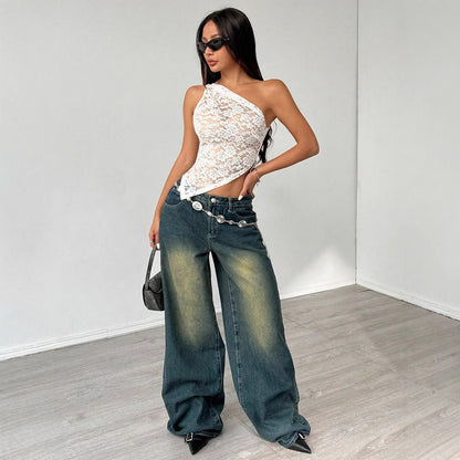 One Shoulder Top | White Sheer Sleeveless | Lace Crop Top | noémi