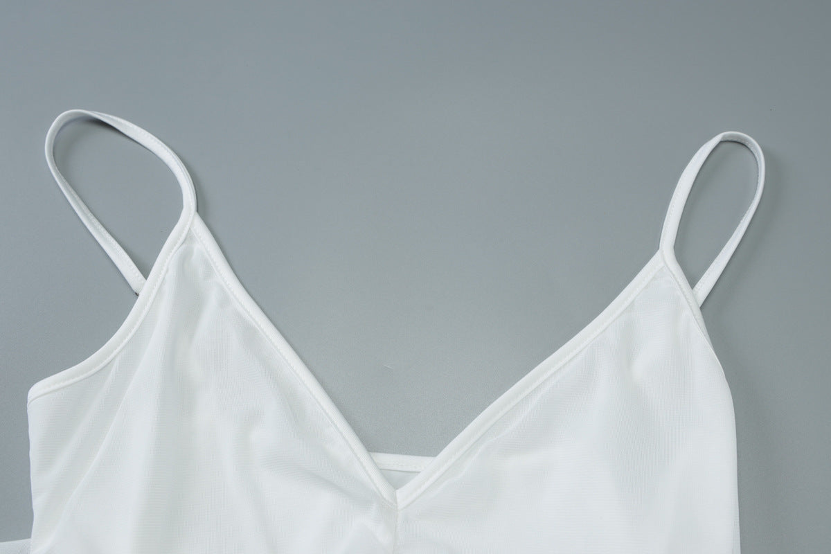 V Neck Mesh Stitch Pleated Dress with Slim Fit and Strap Detail | noémi