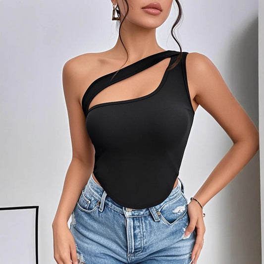 One Shoulder Black Top | Irregular Cutout | noémi
