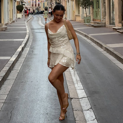 Womens Dress with Sequins Swing Collar and Pleated Hem | noémi