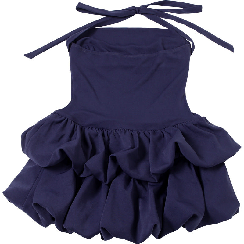 Womens Slim Fit Tube Top Puffy Dress with Halter Lace Up Back | noémi