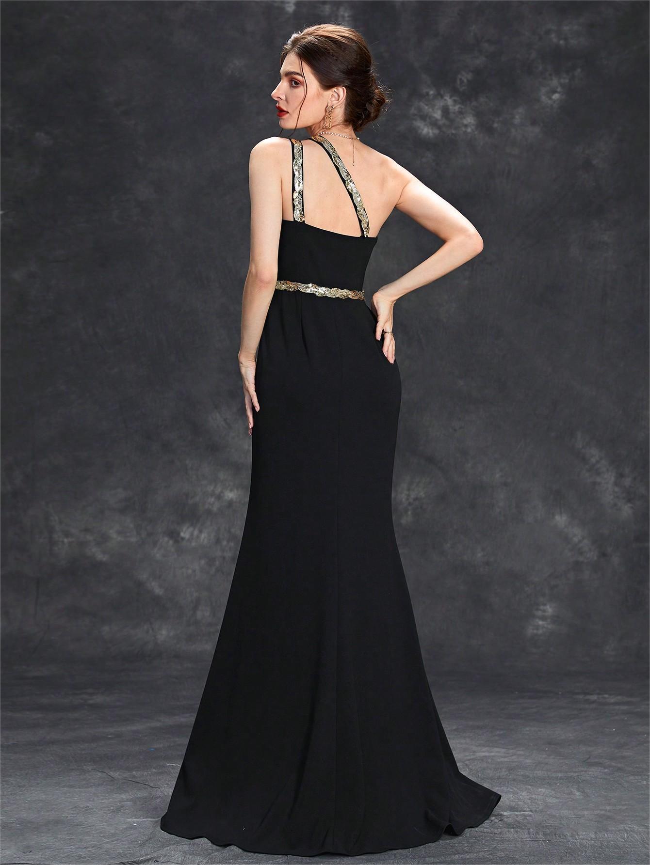 One Shoulder Slit Evening Dress | Metallic Waist Detail | noémi