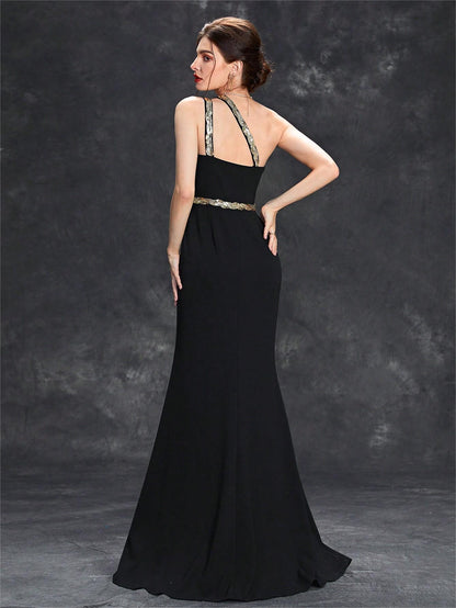 One Shoulder Slit Evening Dress | Metallic Waist Detail | noémi