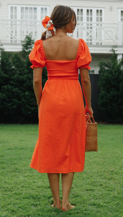 Womens Orange Puff Sleeve Maxi Dress with Side Split | noémi