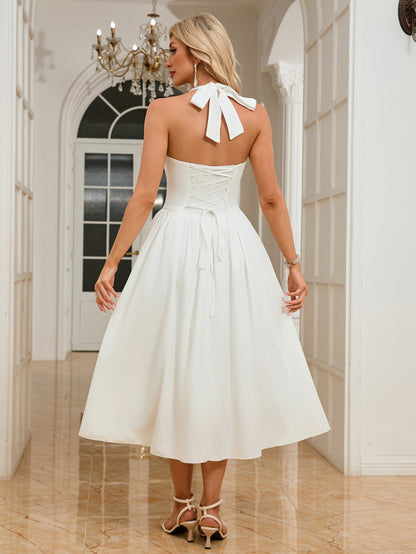 Women’s Sleeveless Halter Backless Midi Dress | Flowy White Summer Dress | noémi