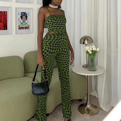 Green Two Piece Set | Sleeveless Vest Top Wide Leg Pants | noémi