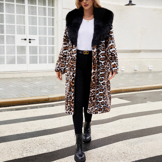 Womens Faux Fur Leopard Coat | Longline Winter Jacket with Oversized Collar | noémi