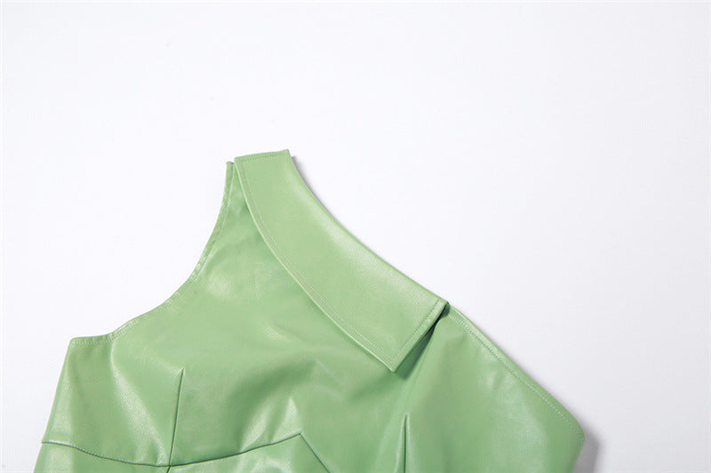 Womens Faux Leather Two Piece Set | Collar Crop Vest High Waist Straight Leg | noémi