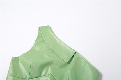 Womens Faux Leather Two Piece Set | Collar Crop Vest High Waist Straight Leg | noémi