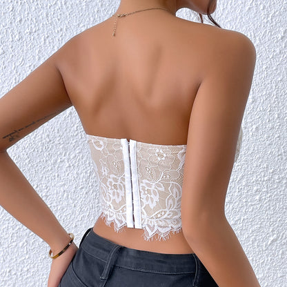 Womens Lace Bandeau Corset Top | Eyelash Lace, Strapless Crop Bustier Vest | noémi