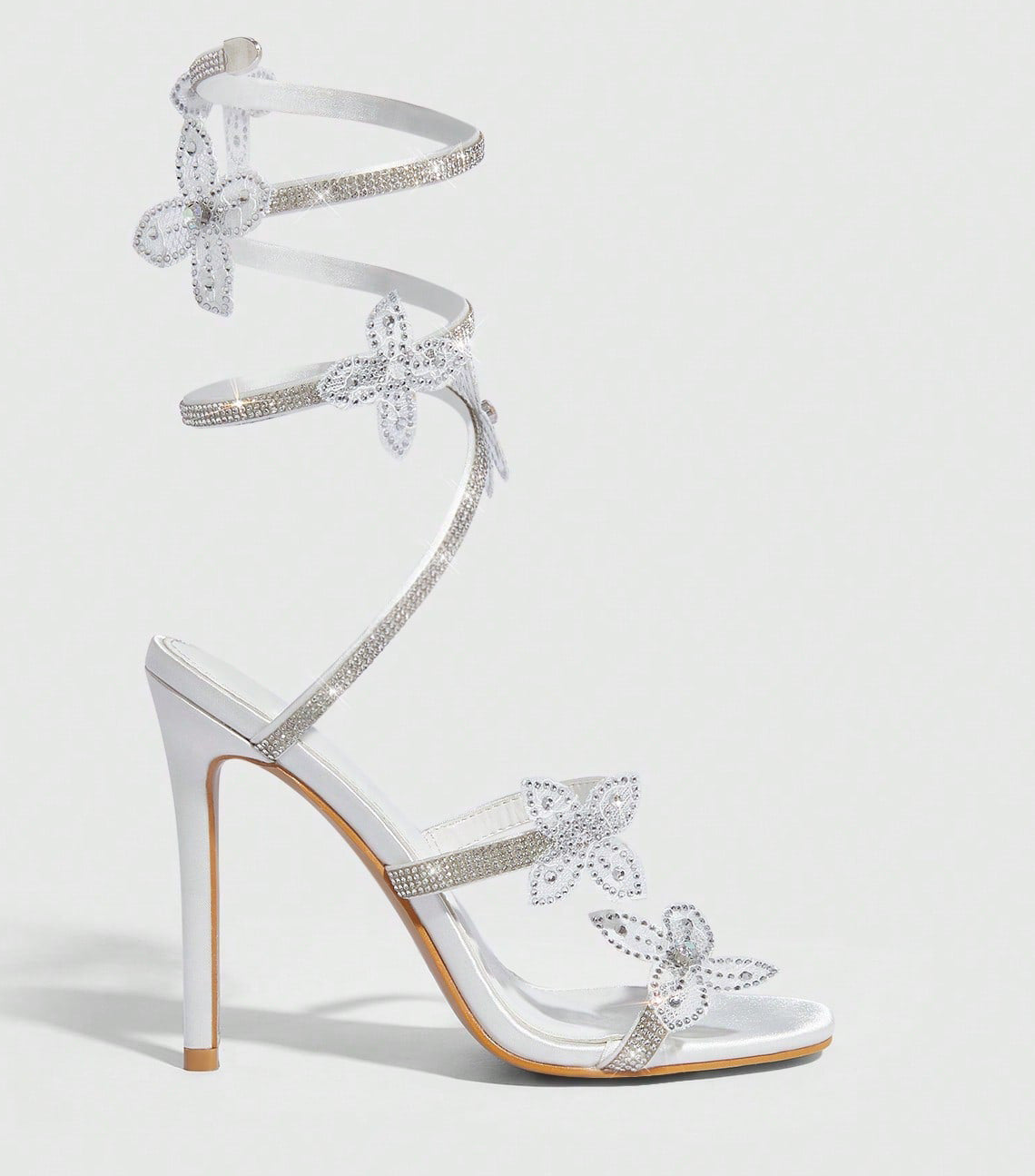 Rhinestone Floral Lace Up Heels | 11cm Stiletto | White & Pink Square Toe Sandals for Women | noémi