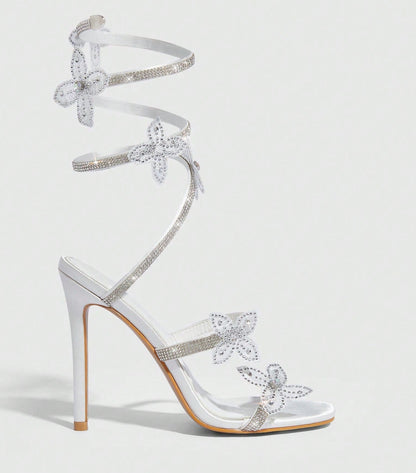 Rhinestone Floral Lace Up Heels | 11cm Stiletto | White & Pink Square Toe Sandals for Women | noémi