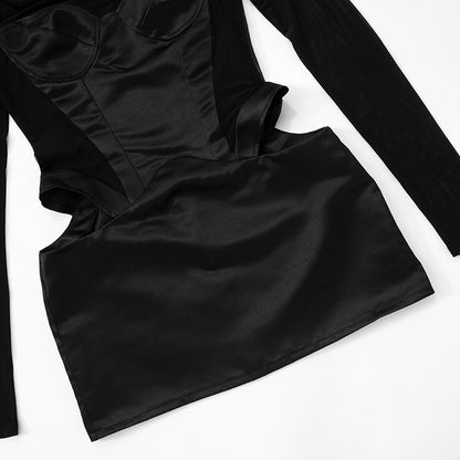 Mesh Patchwork Turtleneck Dress with Cutout Details and Slim Fit | noémi