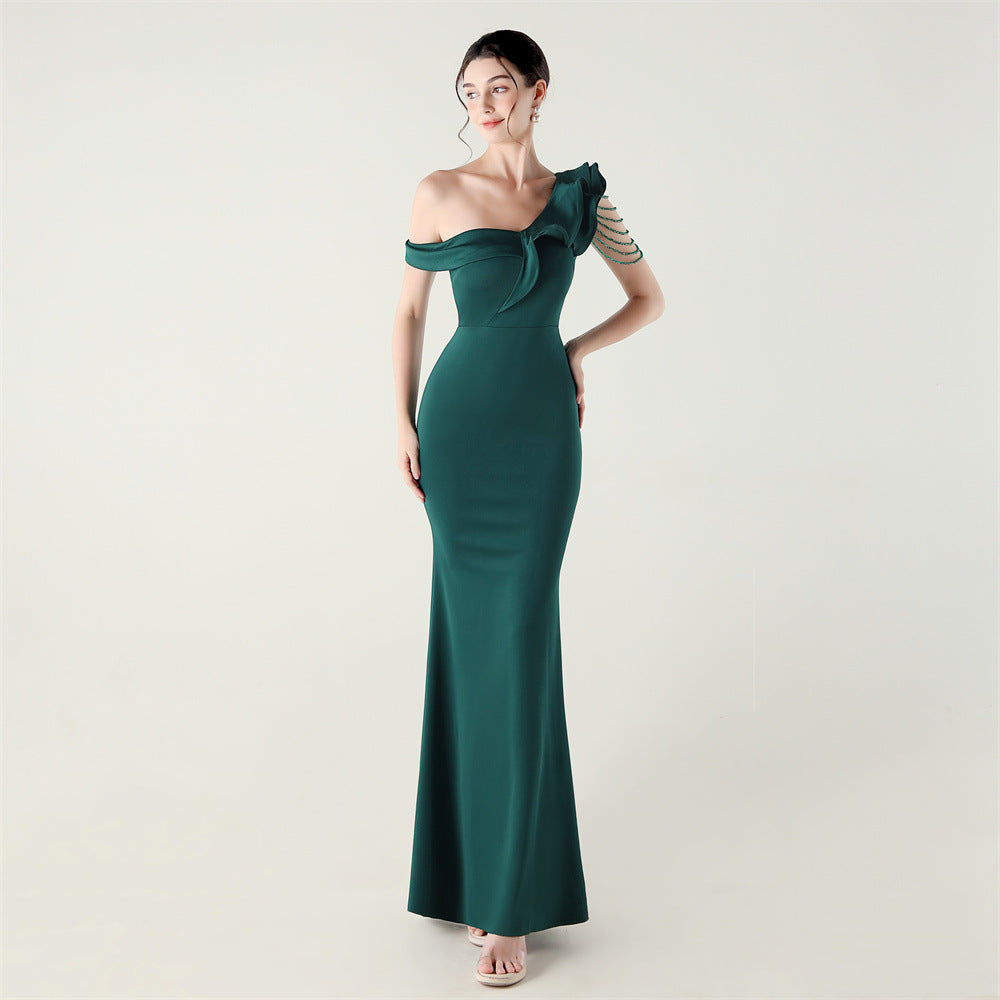 Ruffled One Shoulder Satin Gown with Beaded Chains | Slim Fit Fishtail Dress | noémi