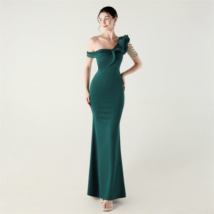 Ruffled One Shoulder Satin Gown with Beaded Chains | Slim Fit Fishtail Dress | noémi